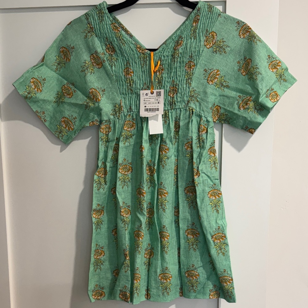 NWT Girls linen-esque Floral Short-Sleeve Peasant dress